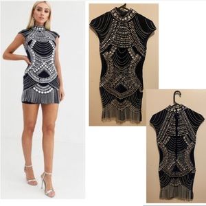 High Neck Velvet Embellished Fringe Mini Dress